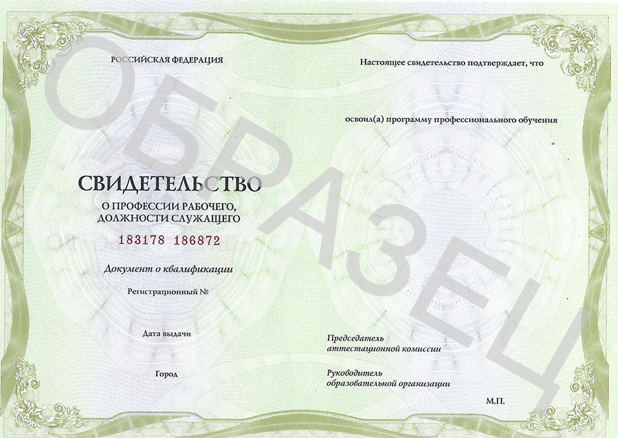Свидетельство о профессии рабочего, должности служащего
